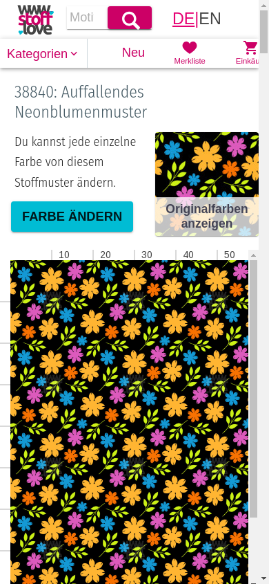 Stoffmuster-Seite mit dem Button „Farbe ändern“