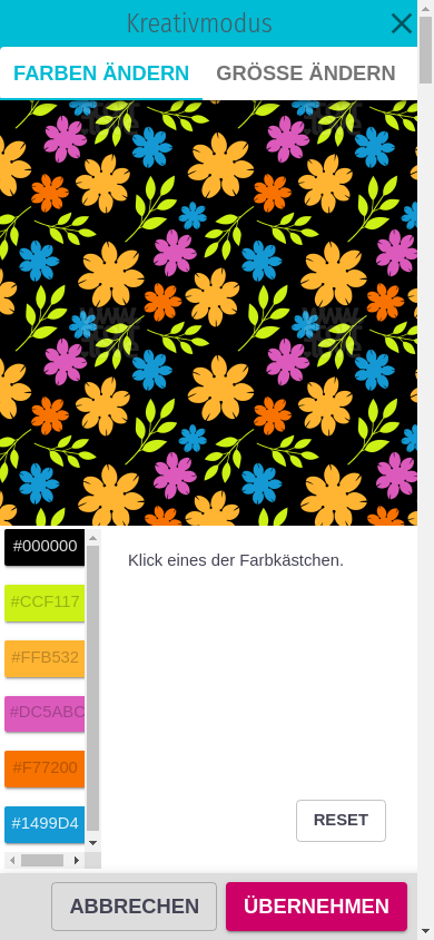 Kreativmodus mit der Liste aller Farben des Musters
